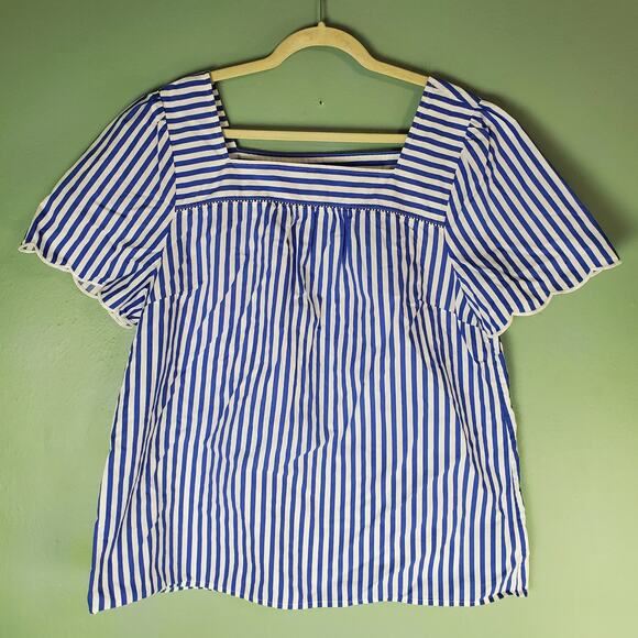 Talbots Womens Blue White Striped Scallop Square Neck Blouse Size XL Nautical - Picture 1 of 5